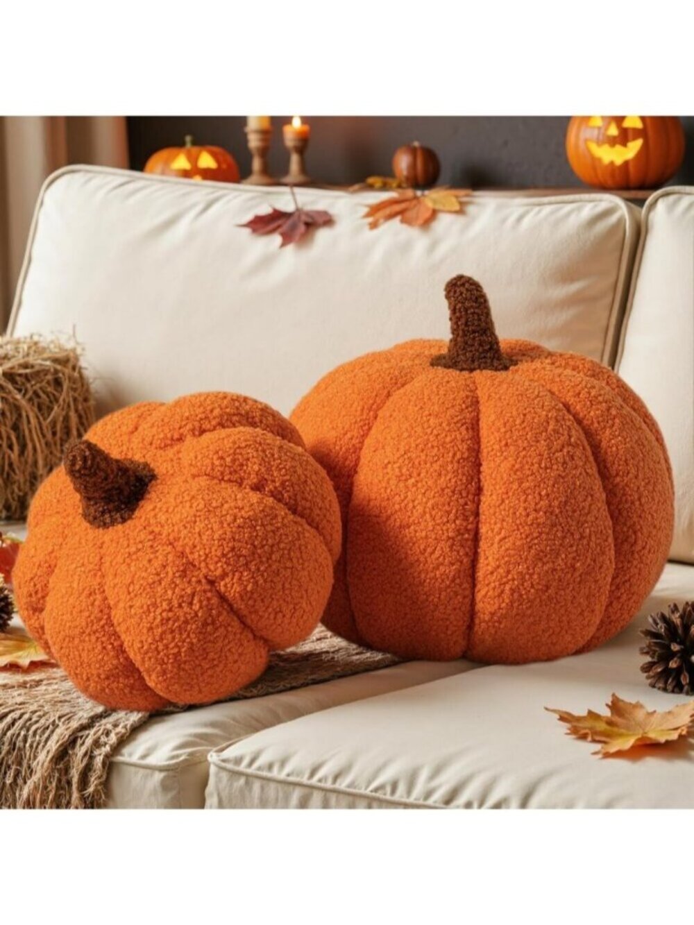 Set of 2 Orange Fall Pumpkin Pillows Halloween Decoration Soft Fleece Sherpa